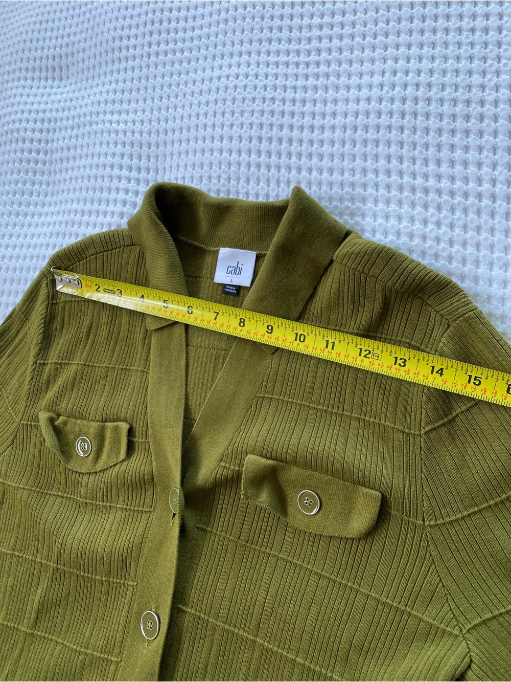 Cabi Exec Cardigan #4470 Olive Green Ribbed Button-Up Cardigan - Picture 11 of 14